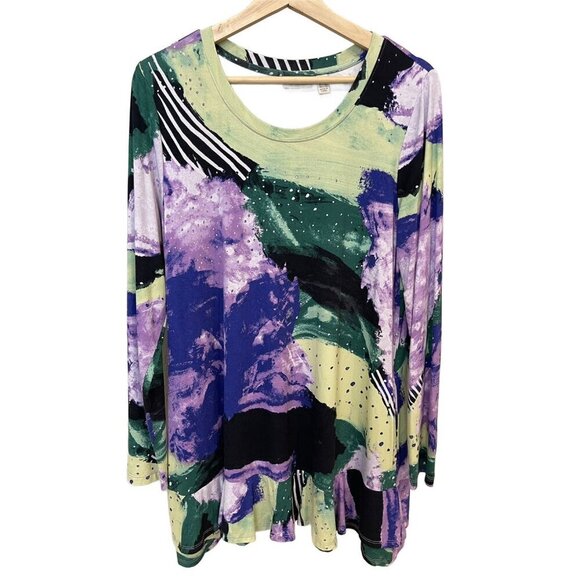 Lori Goldstein Logo Multicolor Tunic Blouse Ruffle Long Sleeves Large Lagenlook - Picture 1 of 9